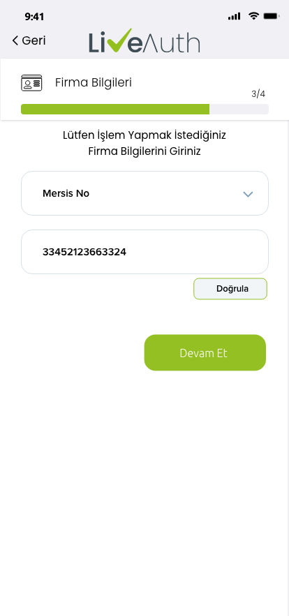 LiveAuth KYB firma bilgileri ekranı