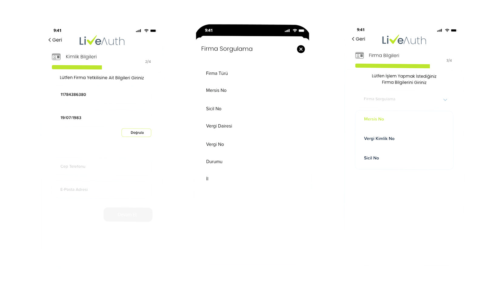 LiveAuth KYB mobil tüzel müşteri edinimi ekranları